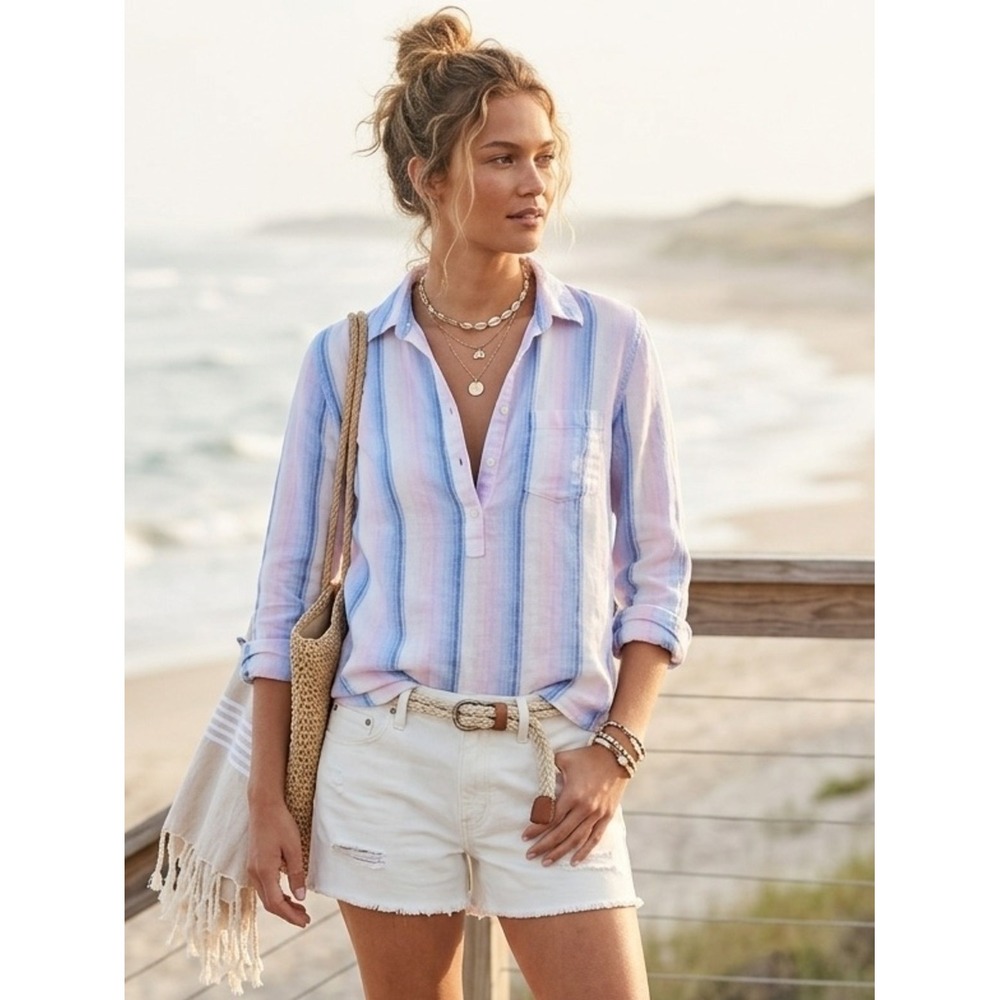 GAP Blue White Pastel Striped Linen Cotton Popover Henley Shirt S Coastal Casual